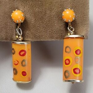 Vintage HONG KONG 1960s Orange Hippy Plastic Dangle Drop 1.5" Clip On Earrings